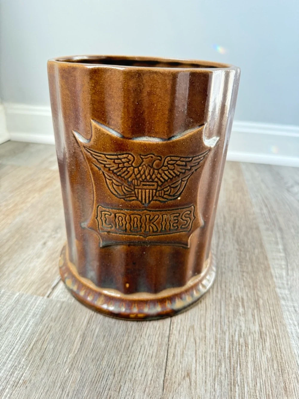 Vintage Patriotic Brown American Eagle Ceramic Piller Cookie Jar Large Brown